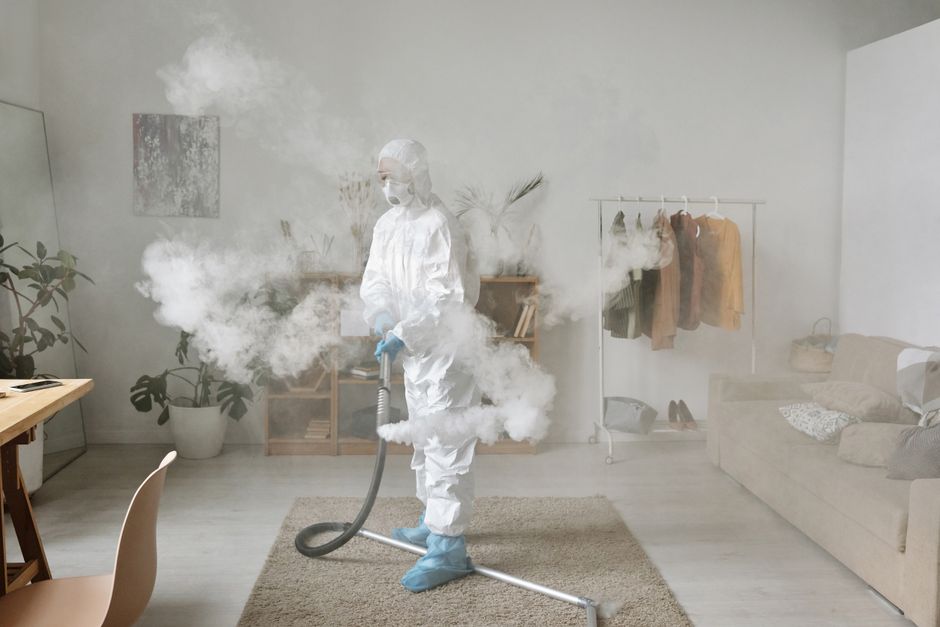A professional cleaner dressed in full protective gear, including a white suit, face mask, gloves, and shoe covers, is using a fogging machine to disinfect a modern living room. The room features a light-colored wooden floor, a beige sofa with cushions, a small ceramic-covered coffee table, and a clothing rack with hanging garments. A potted plant with green leaves is positioned near the wall, and a wooden bookshelf with books and decorative items is visible in the background. The space is well-lit with natural light, highlighting the current deep cleaning and sanitisation process conducted by Cleaners SW3 to ensure hygiene and cleanliness in residential environments.