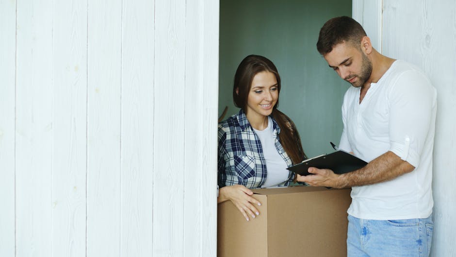 A male cleaner in a white shirt is conducting a surface cleaning or final inspection in a residential room, holding a clipboard and reviewing details with a smiling female tenant who is standing behind a cardboard box. The room features light-colored wooden panels on the wall, and the lighting highlights the clean, dust-free surfaces. The scene suggests a professional deep cleaning or sanitisation service, associated with domestic cleaning, as provided by Cleaners SW3, specifically aimed at preparing Chelsea flats for end of tenancy procedures.